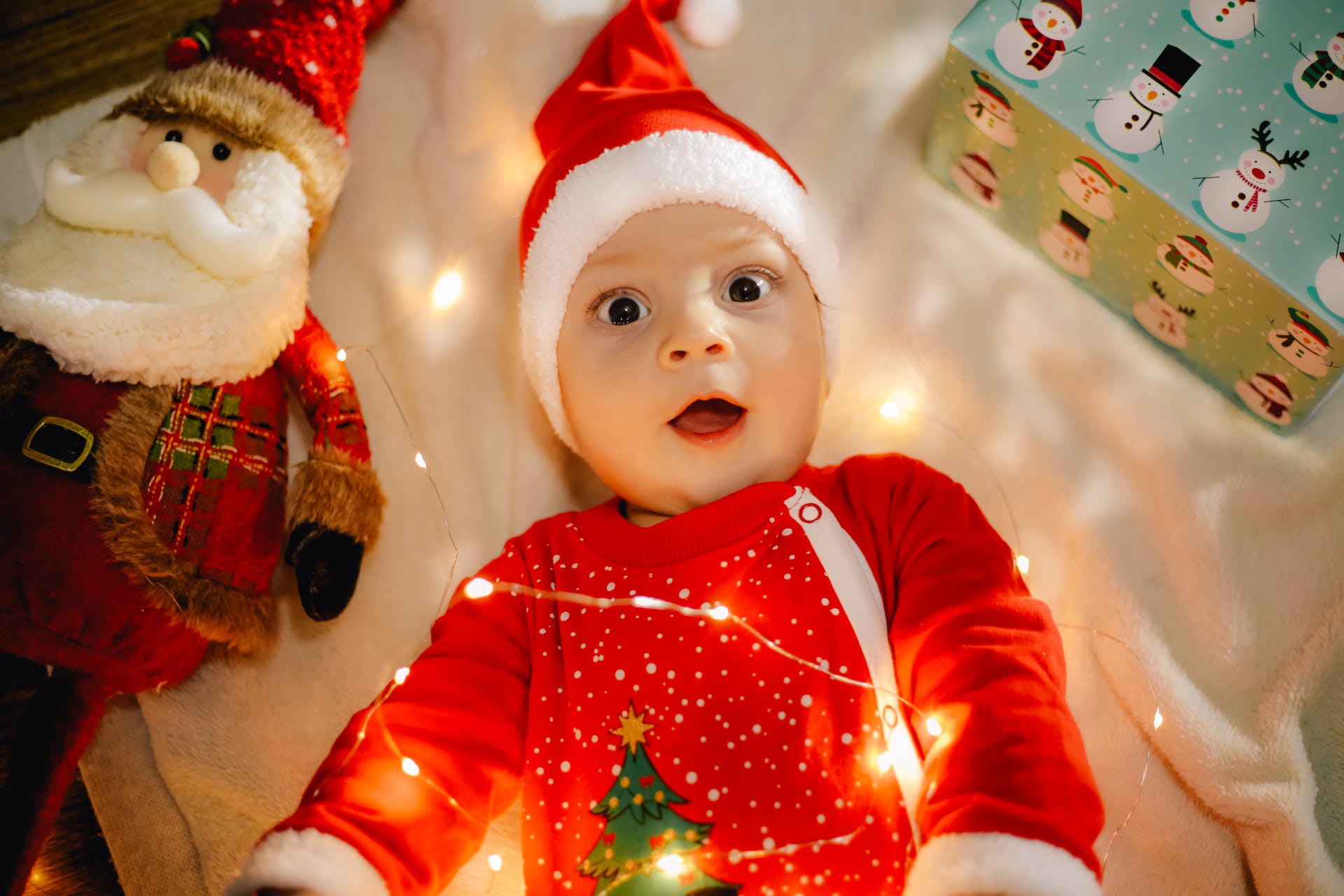 Baby in christmas outfit.